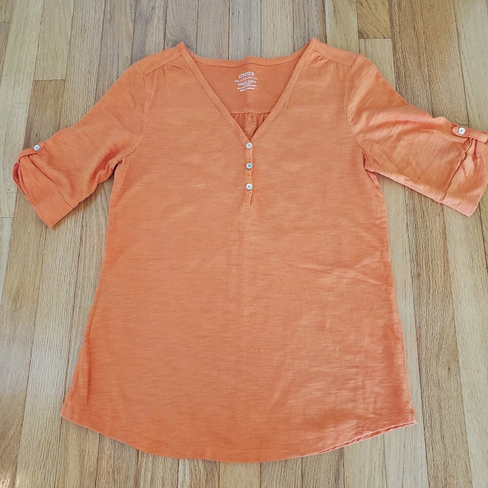 Chico's The Ultimate Tee Size 0 Orange Elbow Sleeve Athleisure Casual